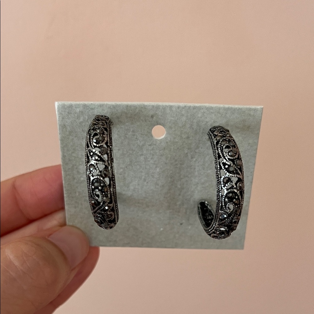 Silver Tone Half Hoop Filigree & Dark Crystal Stone Earrings